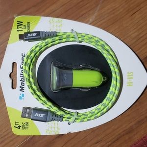 NIB! Android "Mobilespec" green 4ft USB-C to USB 17 W Braided Car Charger